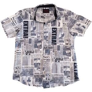 Pacific Flyer Mens Short Sleeve Shirt Button down Black White Newspaper Size L